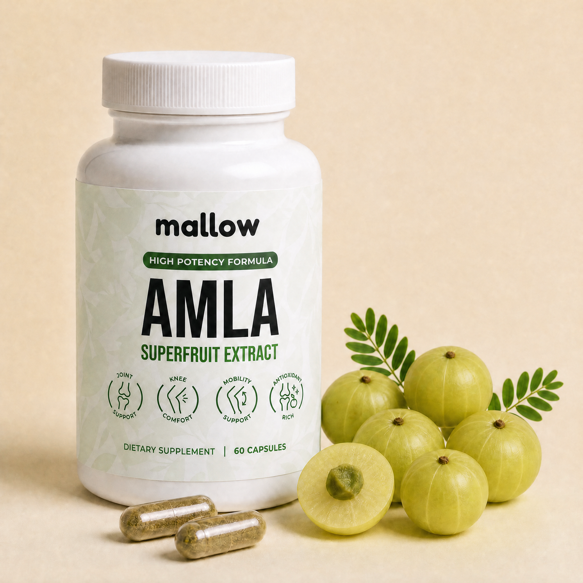 Mallow Amla Superfruit bottle with fresh amla berries